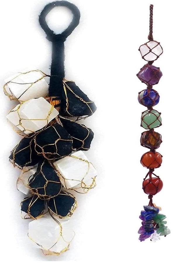 GEMTUB Natural Handcrafted Black Tourmaline and Selenite Rough Chunks Hanging and 7 chakra tumble hanging For Home & Car Hanging Combo Pack of 2 (combo 2(BT,ST+7 chakra hanging)) - Image 1
